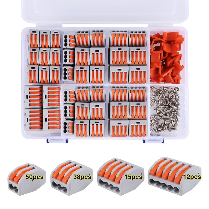 XHF 115 PCS Lever Wire Electrical Connectors Nuts Kit with Bases&Screws 28-12 AWG, Multiple Stud Electrical Connectors 2/3/4/5 Conductor Combination, Quick Disconnect Compact Splicing - Image 1